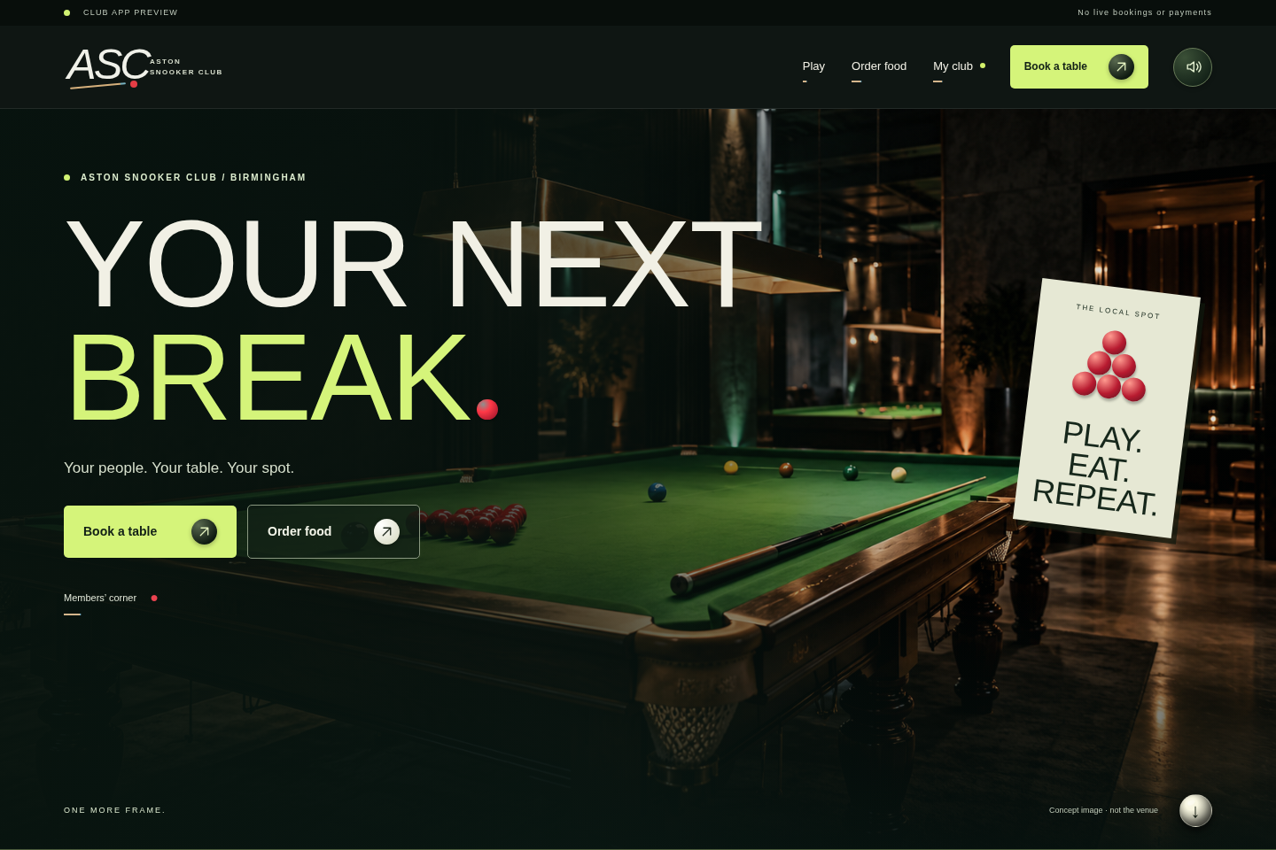 Desktop design preview of the Aston Snooker Club website