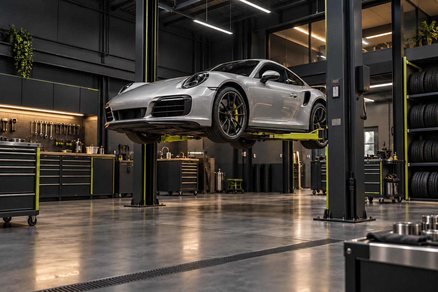 Generated fictional workshop scene with an unbranded silver car on a lift
